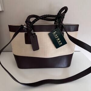 Lauren Ralph Lauren Canvas Cream Brown Braided Leather Tote Crossbody Bag New